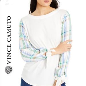 🆕Vince Camuto white checkered sleeve tie top SzXL